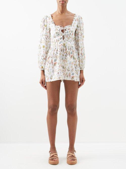 Marysia - Sip Sip Shell-print Cotton Playsuit - Womens - Ivory Multi
