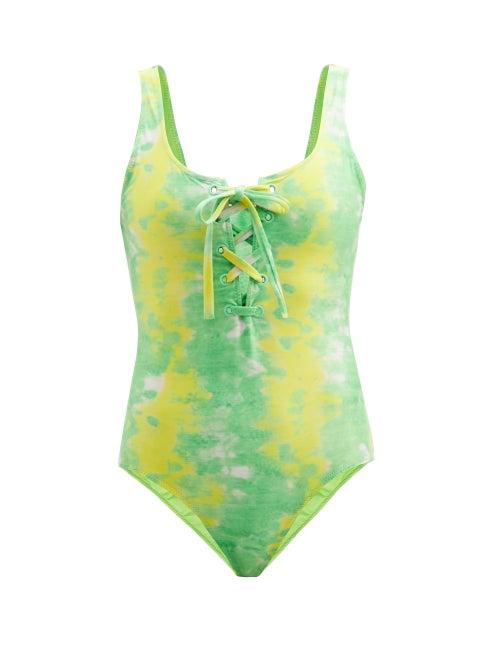 Ladies Beachwear Ganni - Abstract-print Recycled-fibre Jersey Swimsuit - Womens - Green Multi