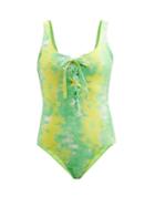 Ladies Beachwear Ganni - Abstract-print Recycled-fibre Jersey Swimsuit - Womens - Green Multi