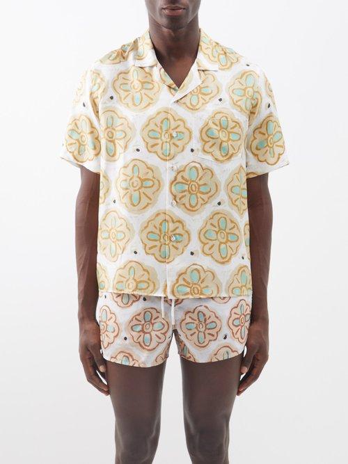 Commas - Cuban-collar Floral-print Silk Shirt - Mens - Orange Multi