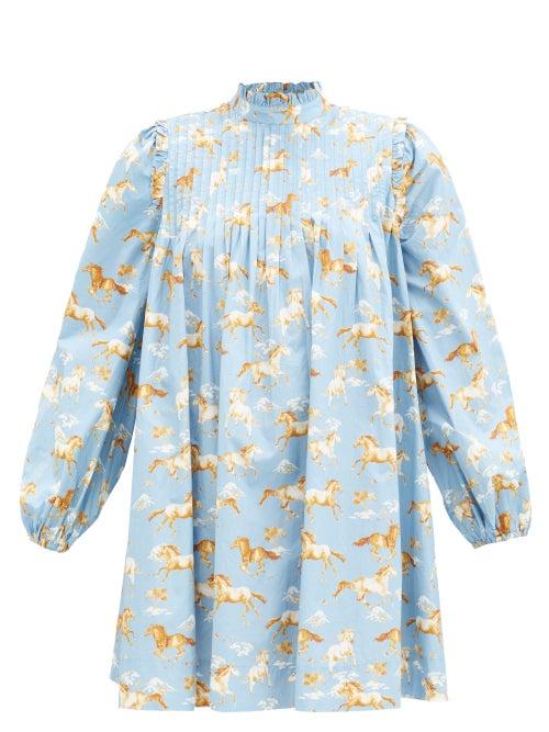 Matchesfashion.com Ganni - Horse-print Pintucked Cotton Smock Dress - Womens - Blue Multi