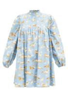 Matchesfashion.com Ganni - Horse-print Pintucked Cotton Smock Dress - Womens - Blue Multi