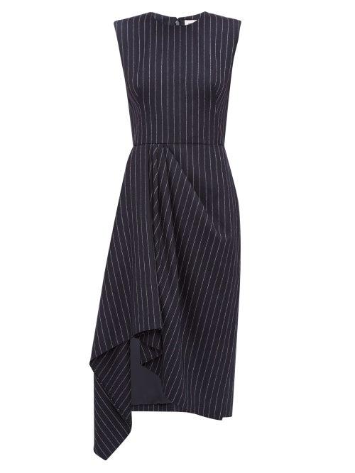 Matchesfashion.com Alexander Mcqueen - Pinstripe Draped Waist Wool Dress - Womens - Navy Stripe
