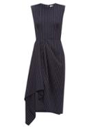 Matchesfashion.com Alexander Mcqueen - Pinstripe Draped Waist Wool Dress - Womens - Navy Stripe