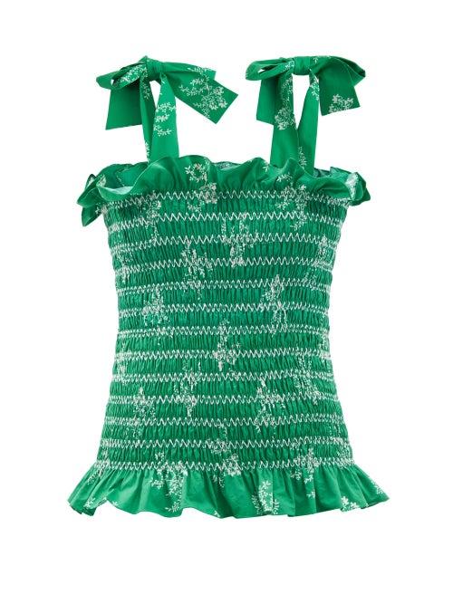 Ladies Beachwear Loretta Caponi - Alma Tie-shoulder Shirred Cotton Top - Womens - Dark Green