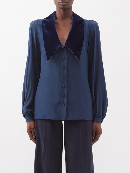 Raquel Diniz - Emerald Velvet-collar Silk Blouse - Womens - Navy