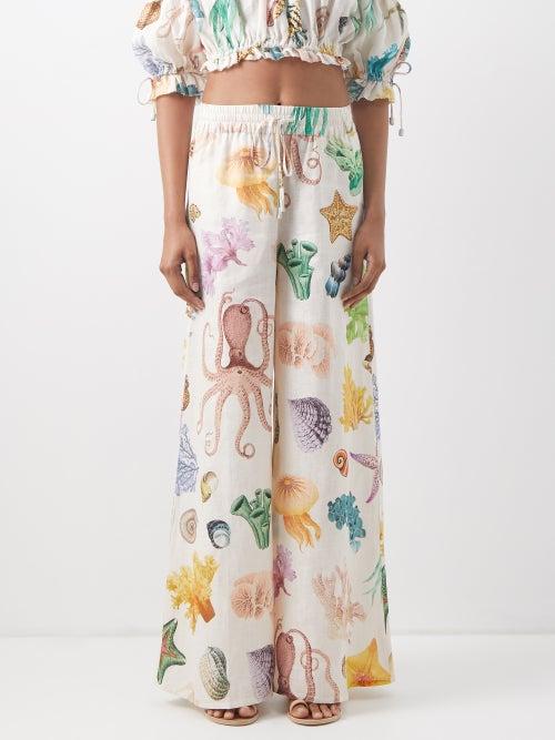 Ale Mais - Atlantis-print Linen Wide-leg Trousers - Womens - Cream Print