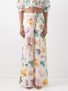 Ale Mais - Atlantis-print Linen Wide-leg Trousers - Womens - Cream Print