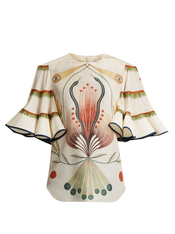 Chloé High-neck Graphic-print Fluted Silk Top