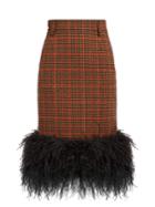 Prada Feather-trimmed Checked Wool Pencil Skirt