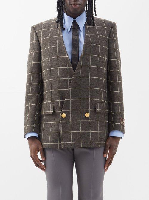 Gucci - Double-breasted Checked Wool-blend Suit Jacket - Mens - Dark Grey