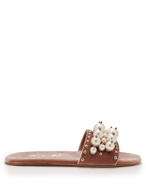 Matchesfashion.com Miu Miu - Embellished Velvet Slides - Womens - Nude