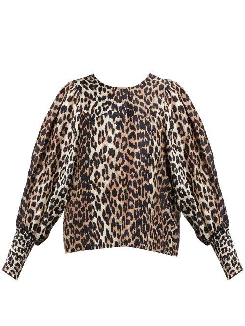 Matchesfashion.com Ganni - Leopard Print Tie Back Linen Blend Top - Womens - Brown Multi