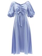 Zimmermann - Puff-sleeved Ruched Silk Midi Dress - Womens - Blue
