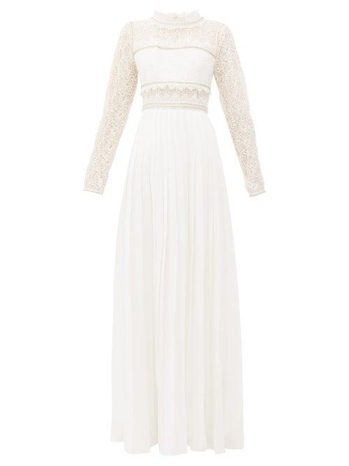 Matchesfashion.com Self-portrait - Lace-panelled Pleated-crepe Maxi Dress - Womens - Ivory
