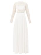Matchesfashion.com Self-portrait - Lace-panelled Pleated-crepe Maxi Dress - Womens - Ivory
