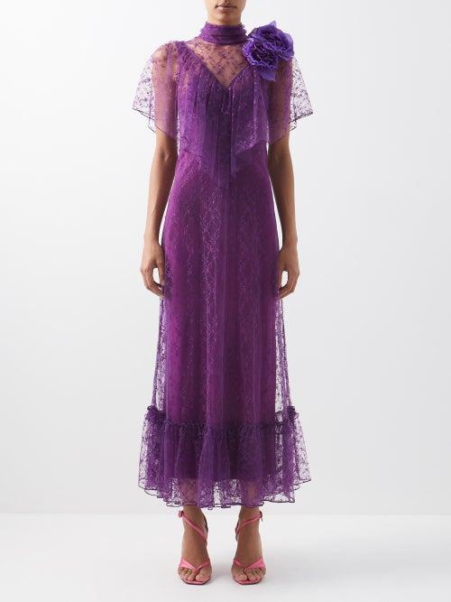 Rodarte - Floral-lace Overlay Chiffon Midi Dress - Womens - Purple