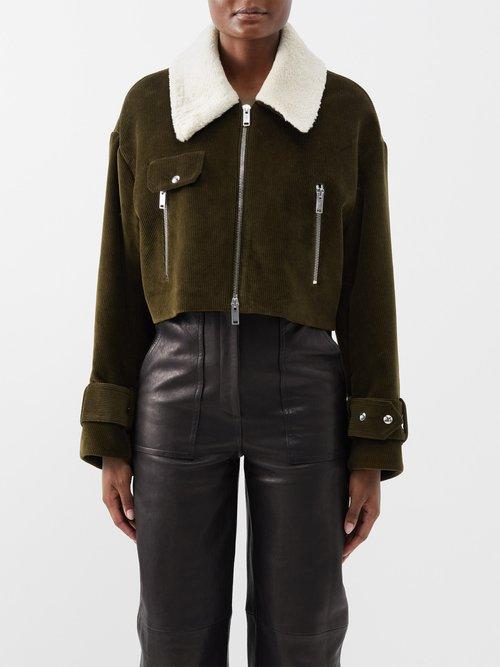 Khaite - Flinn Shearling-collar Corduroy Biker Jacket - Womens - Khaki/army