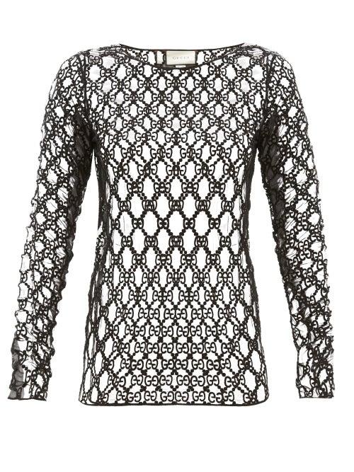 Matchesfashion.com Gucci - Gg Embroidered Mesh Long Sleeved Top - Womens - Black