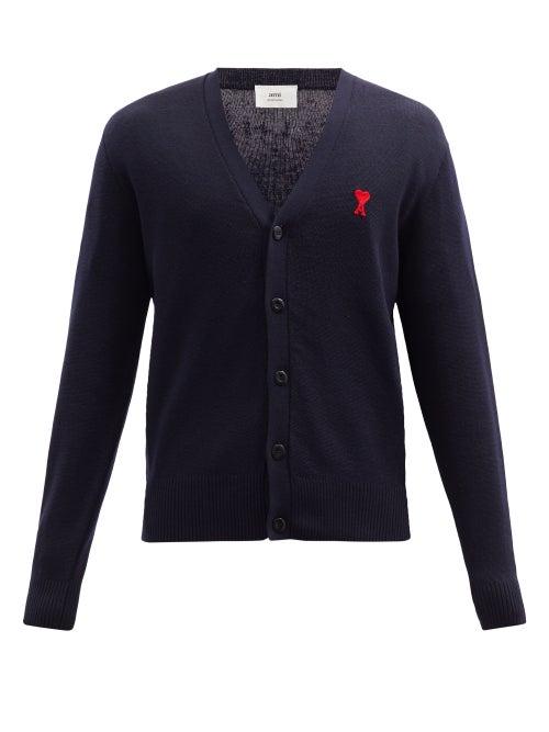 Matchesfashion.com Ami - Ami De Caur-logo Merino-wool Cardigan - Mens - Navy