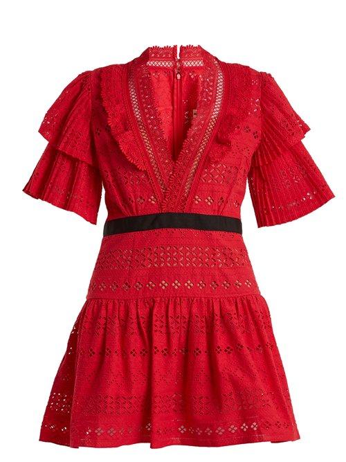 Matchesfashion.com Self-portrait - Deep V Neck Broderie Anglaise Cotton Dress - Womens - Red