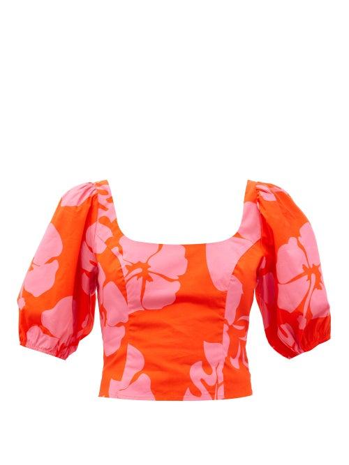 Matchesfashion.com Staud - Papaya Hibiscus-print Cotton-blend Poplin Top - Womens - Red Print