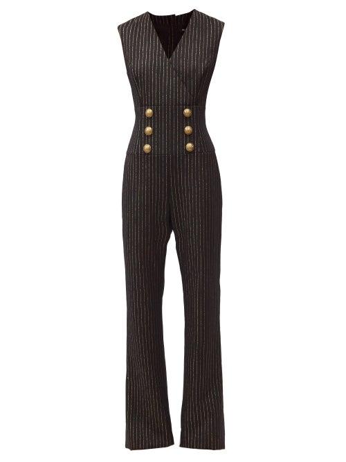 Matchesfashion.com Balmain - Crest Button Pinstriped Wool-blend Jumpsuit - Womens - Black Stripe
