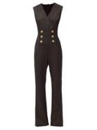 Matchesfashion.com Balmain - Crest Button Pinstriped Wool-blend Jumpsuit - Womens - Black Stripe