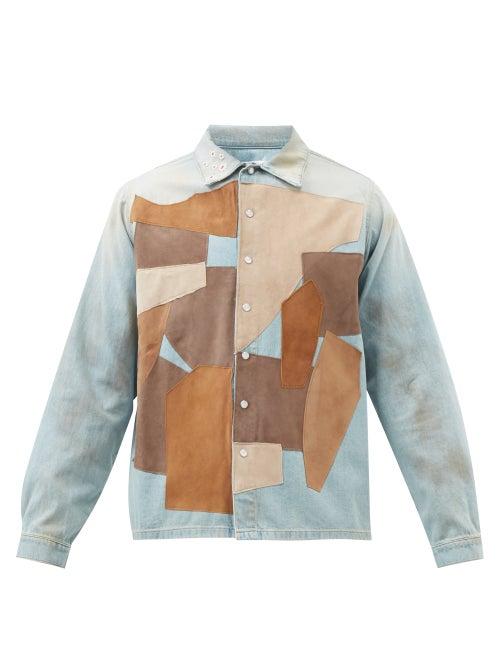 Erl - Suede Patchwork Denim Shirt - Mens - Light Blue