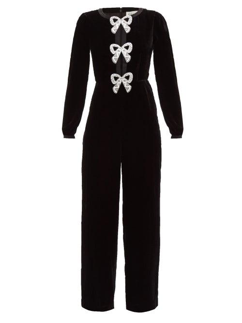 Saloni - Camille Crystal-bow Velvet Jumpsuit - Womens - Black