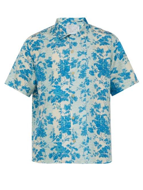 Matchesfashion.com By Walid - Sensu Floral Print Short Sleeved Silk Satin Shirt - Mens - Blue White