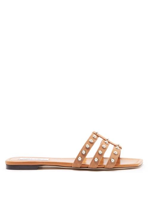 Jimmy Choo - Faux Pearl-embellished Suede Slides - Womens - Beige