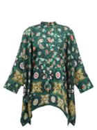 La Doublej - Scarf-hem Suzany-print Silk Blouse - Womens - Green Multi