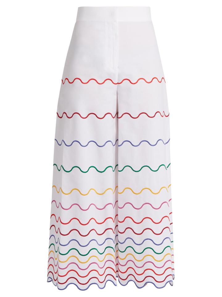 Sara Battaglia Wave-embroidered Wide-leg Cotton Trousers