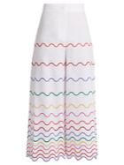 Sara Battaglia Wave-embroidered Wide-leg Cotton Trousers