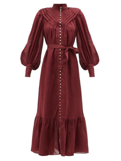 Ale Mais - Halcyon Tucked Ramie Midi Dress - Womens - Burgundy