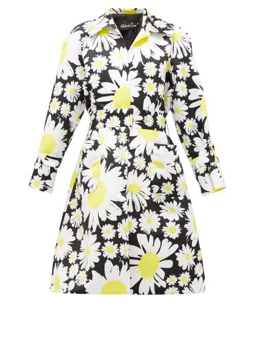 Matchesfashion.com Richard Quinn - Belted Daisy Print Duchess Satin Coat - Womens - Black Yellow
