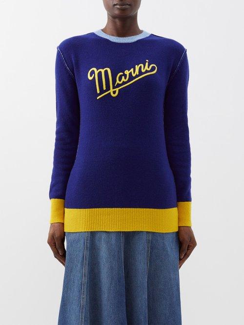 Marni - Typography-logo Wool Sweater - Womens - Blue Multi