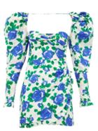 Matchesfashion.com Alessandra Rich - Rose Print Sweetheart Neck Silk Mini Dress - Womens - Blue White