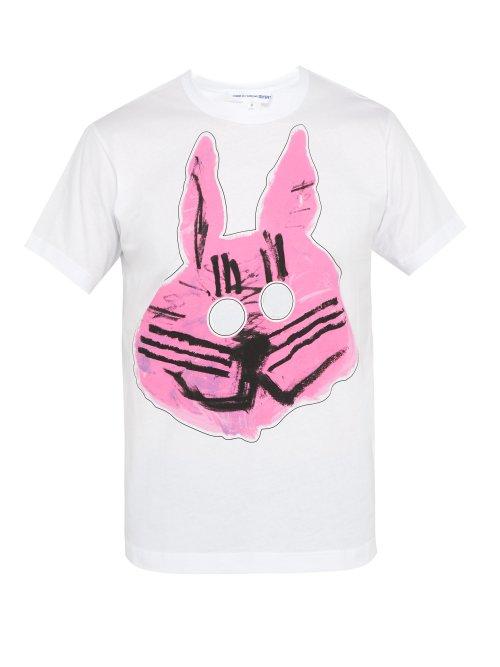 Matchesfashion.com Comme Des Garons Shirt - Rabbit Print Cut Out Cotton T Shirt - Mens - White