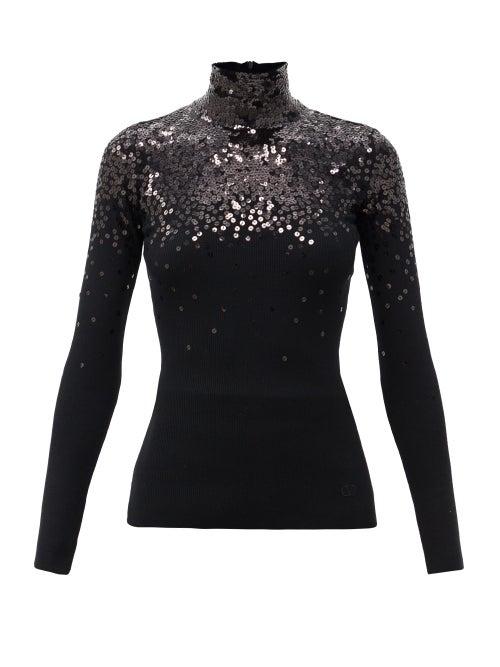 Matchesfashion.com Valentino - Sequinned Rib-knitted Wool Top - Womens - Black