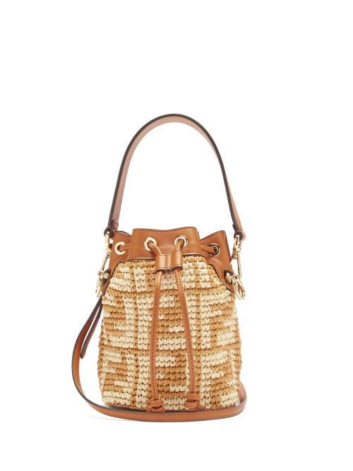 Matchesfashion.com Fendi - Mon Tresor Mini Ff-logo Raffia Bucket Bag - Womens - Tan