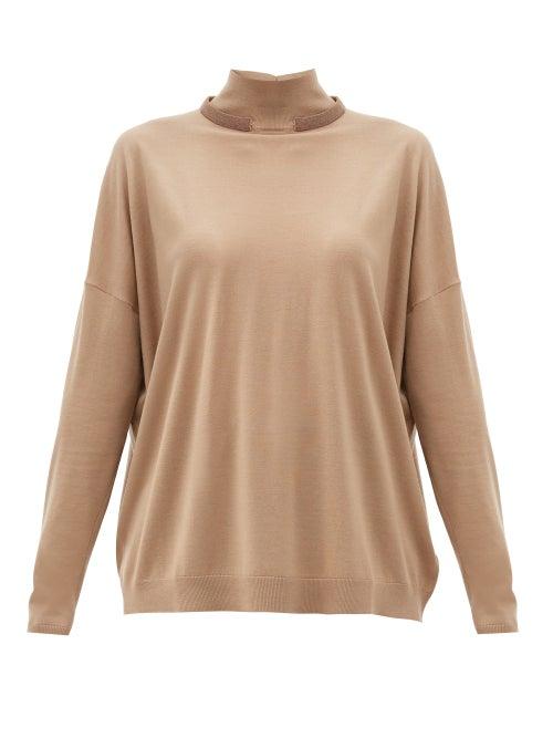Matchesfashion.com Brunello Cucinelli - Monili Trim Wool-blend Sweater - Womens - Camel