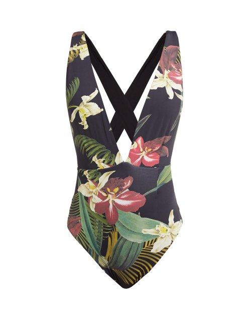 Matchesfashion.com Haight - Marina Floral Print Deep V Neck Jersey Swimsuit - Womens - Black Print