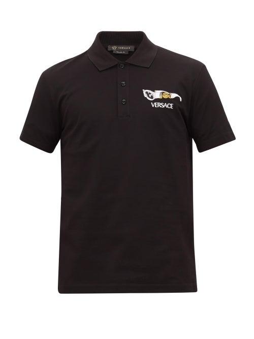 Matchesfashion.com Versace - Logo-embroidered Cotton-piqu Polo Shirt - Mens - Black