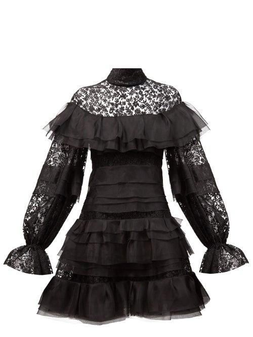 Matchesfashion.com Carolina Herrera - Ruffled Floral-embroidered Tulle Mini Dress - Womens - Black