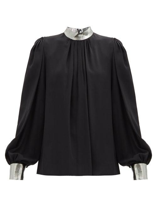Matchesfashion.com Andrew Gn - Lam-trimmed Silk-blend Crepe Blouse - Womens - Black Silver