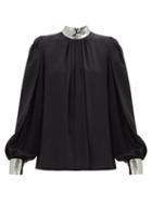Matchesfashion.com Andrew Gn - Lam-trimmed Silk-blend Crepe Blouse - Womens - Black Silver