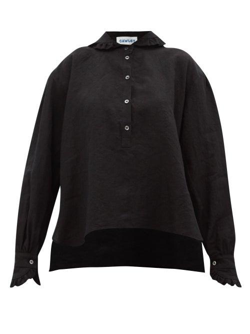 Cawley Studio - Lydbrook Ruffle-trimmed Crinkled-linen Shirt - Womens - Black