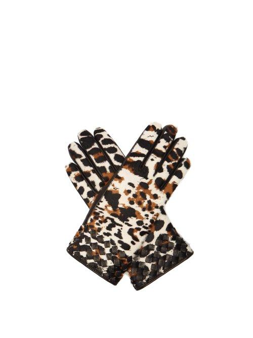 Matchesfashion.com Bottega Veneta - Leopard Print Calf Hair And Leather Gloves - Womens - Brown